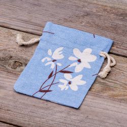 Sachet en lin imité 10 x 13 cm avec l'impression - naturel / fleurs bleues Sac de lin
