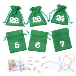 Calendrier de l'Avent sacs de jute 12 x 15 cm - vert + chiffres blancs Sac de Noël