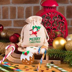 Sachets en lin imité 12 x 15 cm avec l'impression - Père Noël Pour fêtes et occasions spéciales