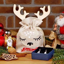 Sac en jute 13 x 18 cm - Noël + boule de Noël en bois avec des cornes Noël
