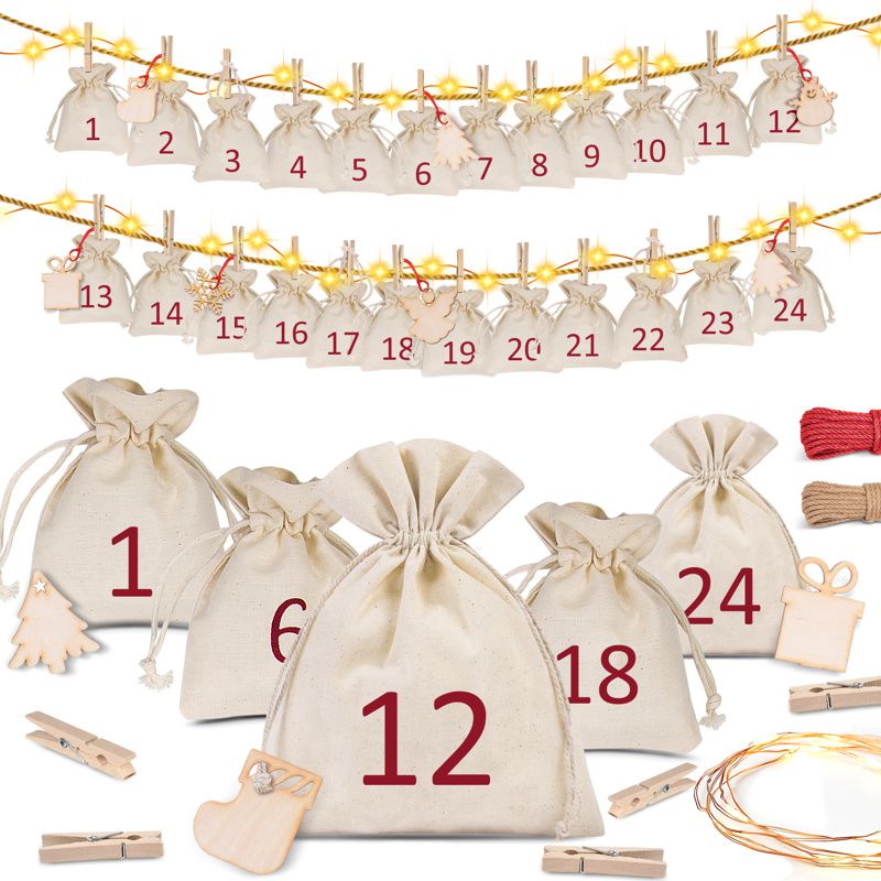 Calendrier de l'Avent, 24 pièces Pochettes en 100% coton 10 x 13 cm + accessoires de Noël
