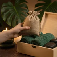 Sacs en jute pour un kit de massage et SPA à domicile.
