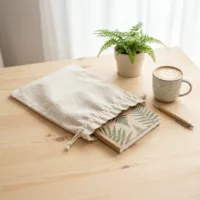 Sacs en lin comme emballage écologique pour carnets et souvenirs.