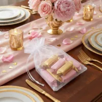 Sacs en organza remplis de friandises sur une table de mariage.