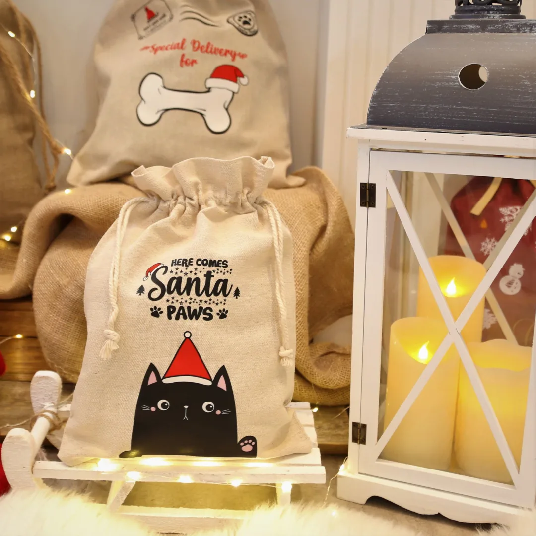 Sac en lin imité 30 x 40 cm avec imprimé Noël