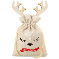 Sac en jute 13 x 18 cm - Noël + boule de Noël en bois avec des cornes Sac de Noël