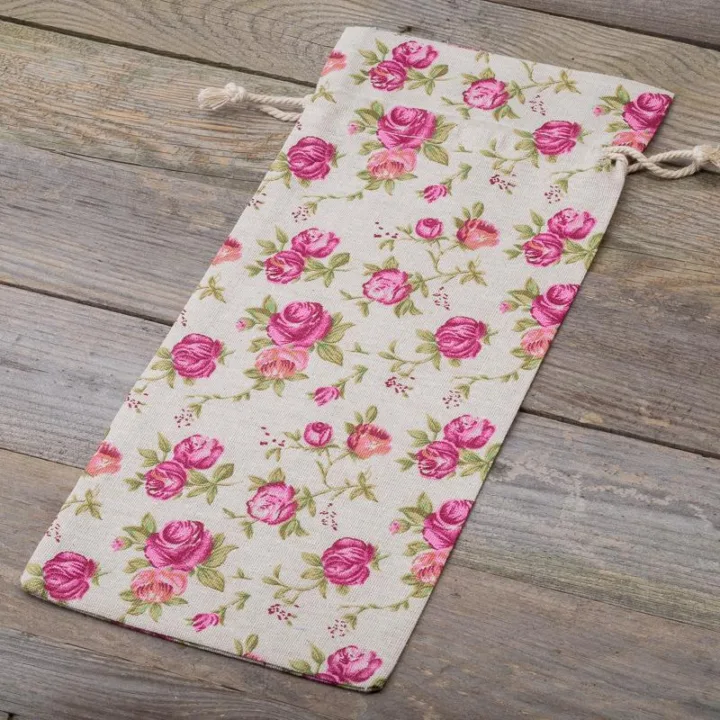 Sachet en lin imité 16 x 37 cm avec l'impression - naturelle / roses Pour enfants