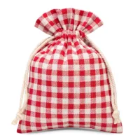 Sachet en lin imité 18 x 24 cm avec l'impression - naturel / treillis rouge Sacs rouges