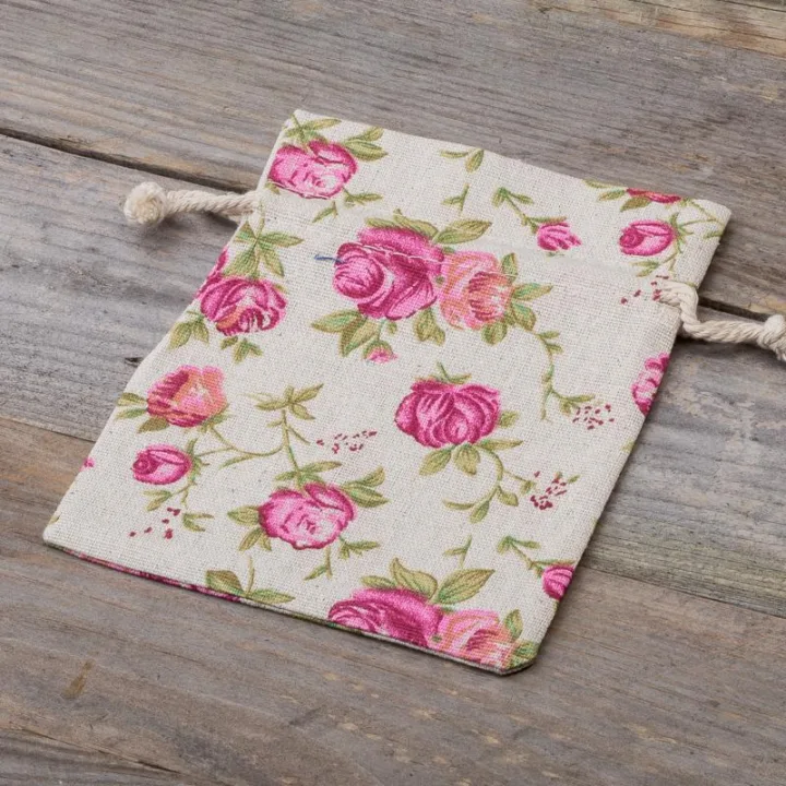 Sachets en lin imité 12 x 15 cm avec l'impression - naturelle / roses Sac de lin