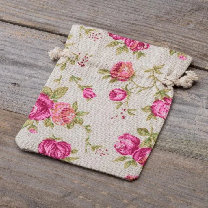 Sachets en lin imité 9 x 12 cm avec l'impression - naturelle / roses Sac de lin