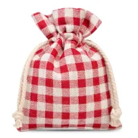 Sachets en lin imité 12 x 15 cm avec l'impression - naturel / treillis rouge Petits sachets 12x15 cm