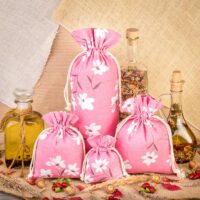 Sachets en lin imité 13 x 18 cm avec l'impression - naturel / fleurs roses Pour enfants