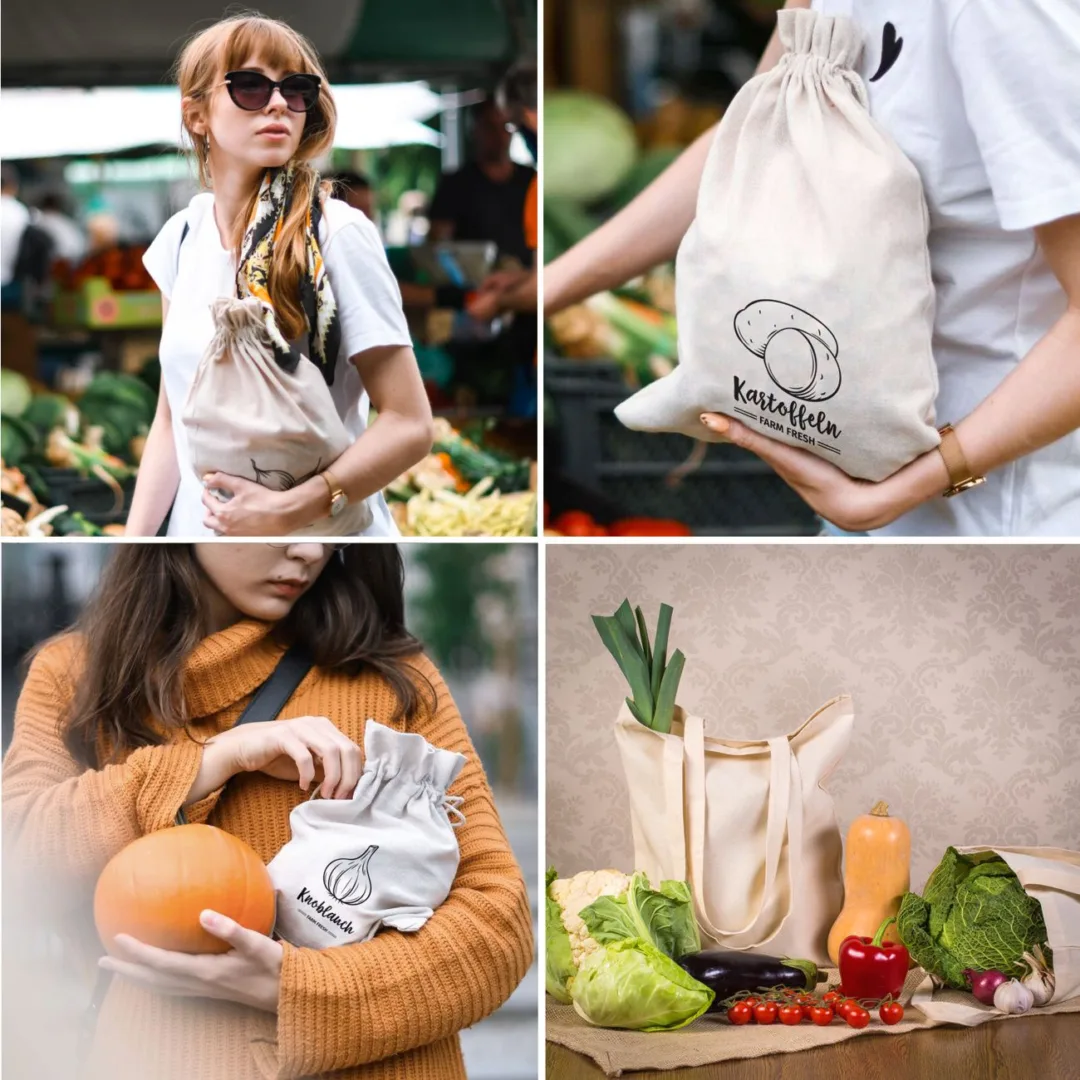 Sacs à provisions en lin imité (3 pcs) et sacs à en coton (2 pcs) Sacs en coton
