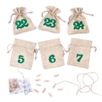 Calendrier de l’Avent sachets en jute 11 x 14 cm – naturels + chiffres verts Sac de Noël