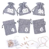 Calendrier de l'Avent sachets en jute 12 x 15 cm - gris + chiffres blancs Sac de Noël