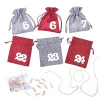 Calendrier de l’Avent sachets en jute 12 x 15 cm – arfents et bordeaux + numéros blancs Sac de Noël