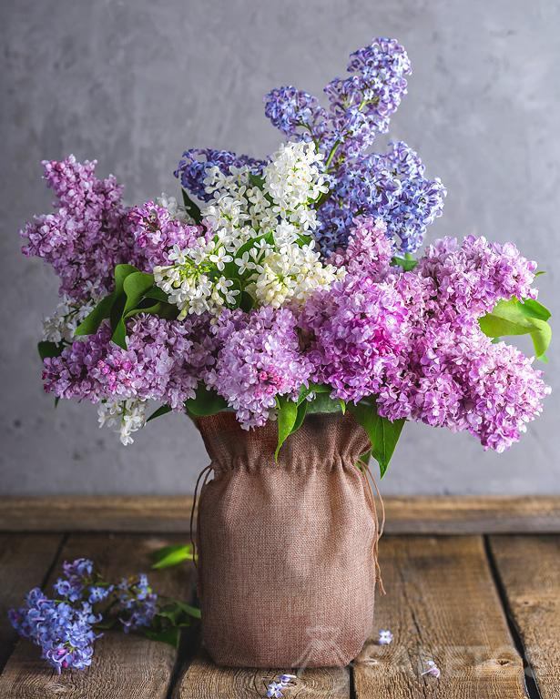 5.Une pochette en toile de jute dans le rôle d’un cache-pot de fleurs avec les fleurs-lilas