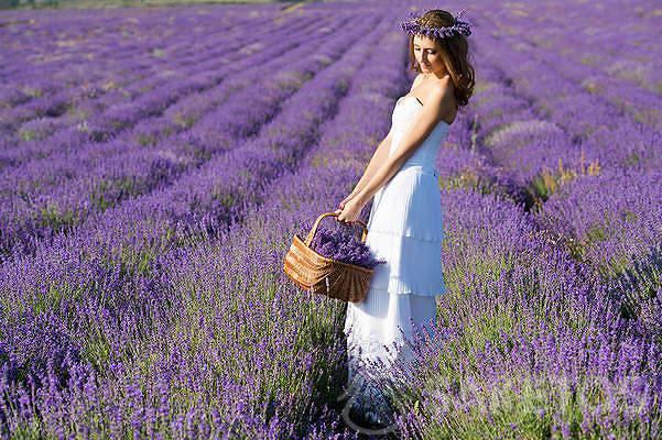 Mariée avec une guirlande de lavande pour un mariage à la lavande
