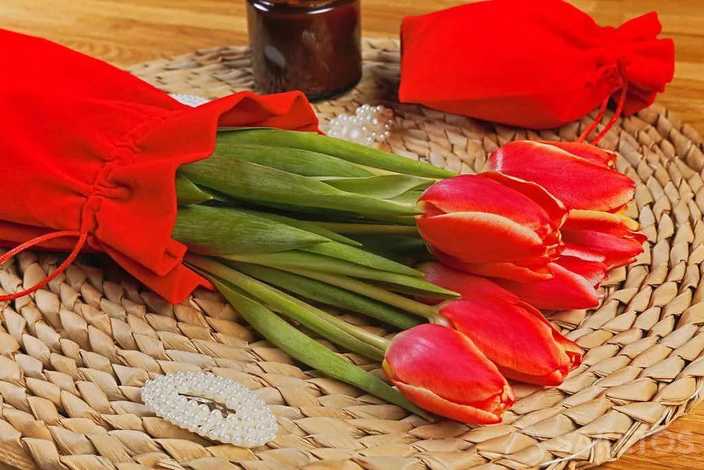 Bouquet de tulipes dans un sachet en velours