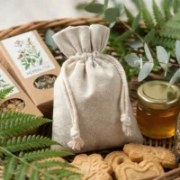 Sachet en lin pour emballage cadeau avec pot de miel et accessoires naturels, présentation élégante