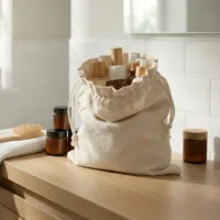 Sac en lin sur une étagère de salle de bain avec cosmétiques et accessoires en bois dans un intérieur lumineux