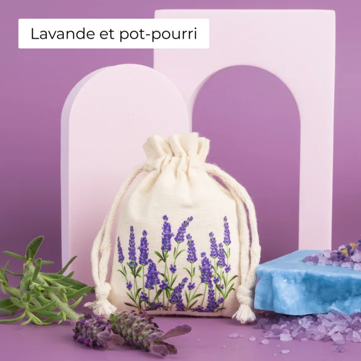 Pochon en coton avec motif lavande, idéal pour le pot-pourri et les fleurs séchées parfumées.
