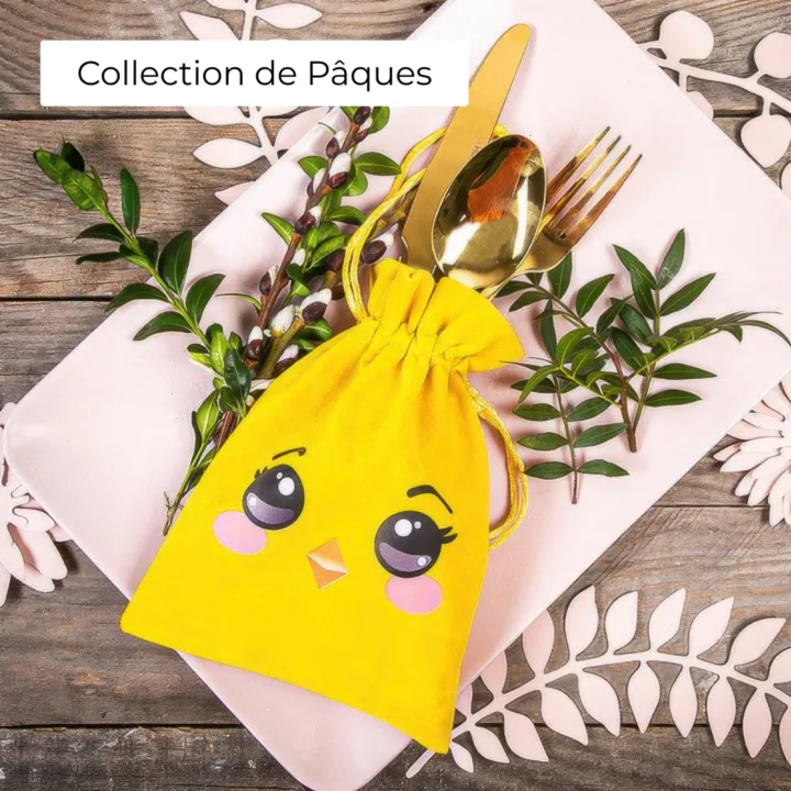 Pochon de Pâques jaune avec motif poussin pour une décoration de table printanière.
