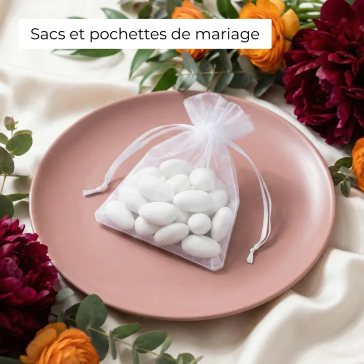 Sachet en organza blanc avec des amandes sur une assiette pour les invités.
