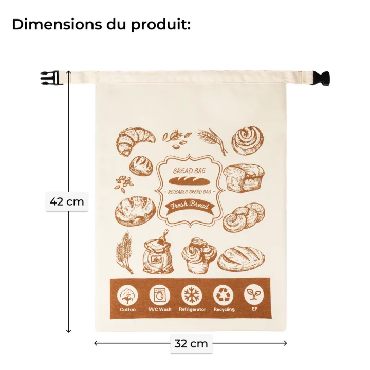 Schéma en français indiquant les dimensions de 42x32 cm du sac à pain roll-top.