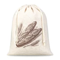 Sac à pain en tissu effet lin blanc avec cordon de serrage et illustration de baguettes de pain.